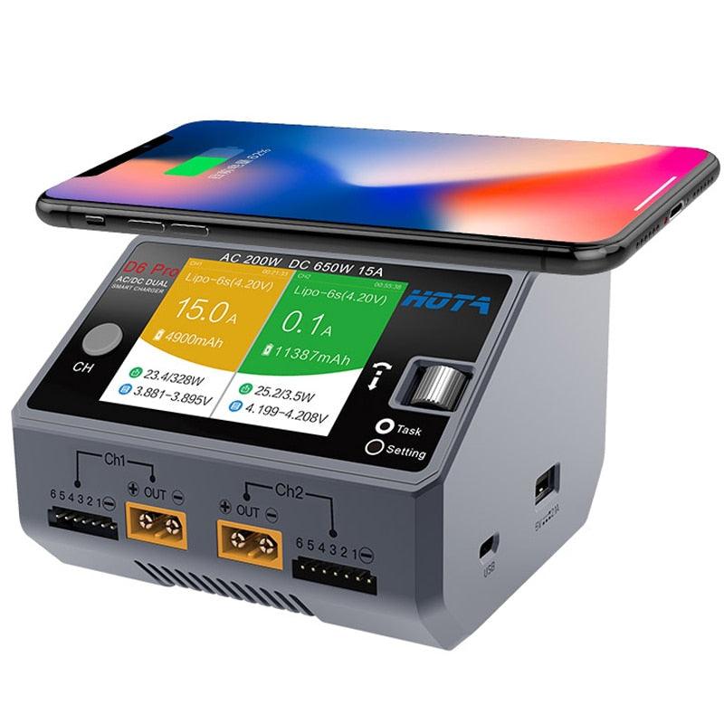 HOTA D6 Duo Pro Battery Charger iPhone Samsung w/Wireless Cellphone Charging, Support AC 200W/DC 650W Input for Lipo LiIon NiMH 1 HOTA D6 Duo Pro Battery Charger iPhone Samsung w/Wireless Cellphone Charging, Support AC 200W/DC 650W Input for Lipo LiIon NiMH