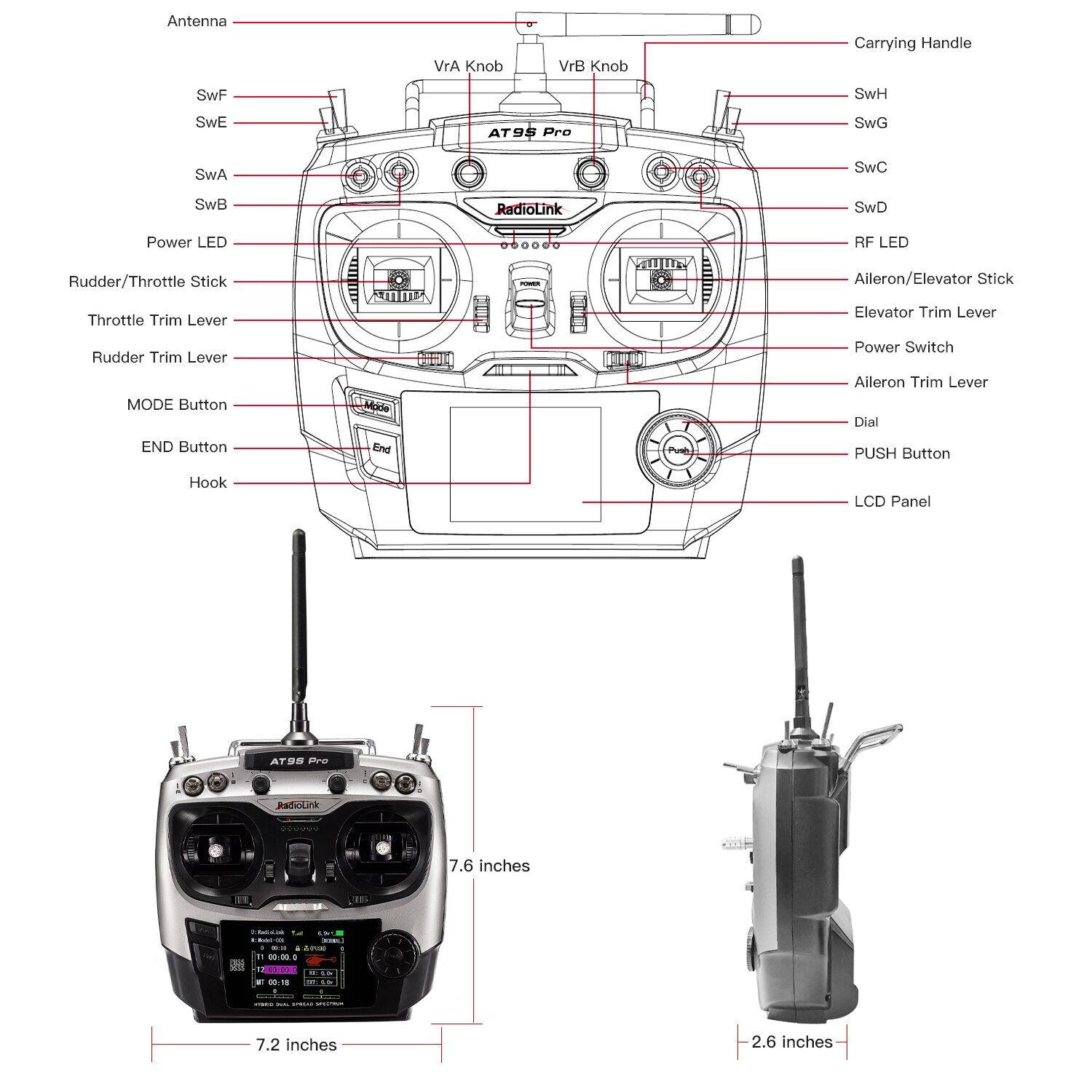 RadioLink AT9S PRO - 2.4G 12CH DSSS FHSS Mode2 Transmitter W/R9DS Receiver  for RC Model Airplane Drones - Image 7
