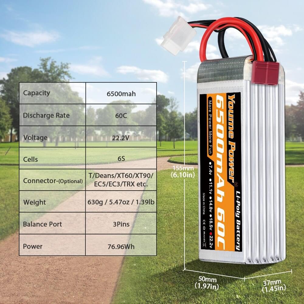 1/2PCS Youme 22.2V 6S Lipo Battery - 3300mah 4500mah 5200mah 6500mah T Deans XT60 XT90 EC5 XT150 AS150 RC Car Plane Parts — изображение 4