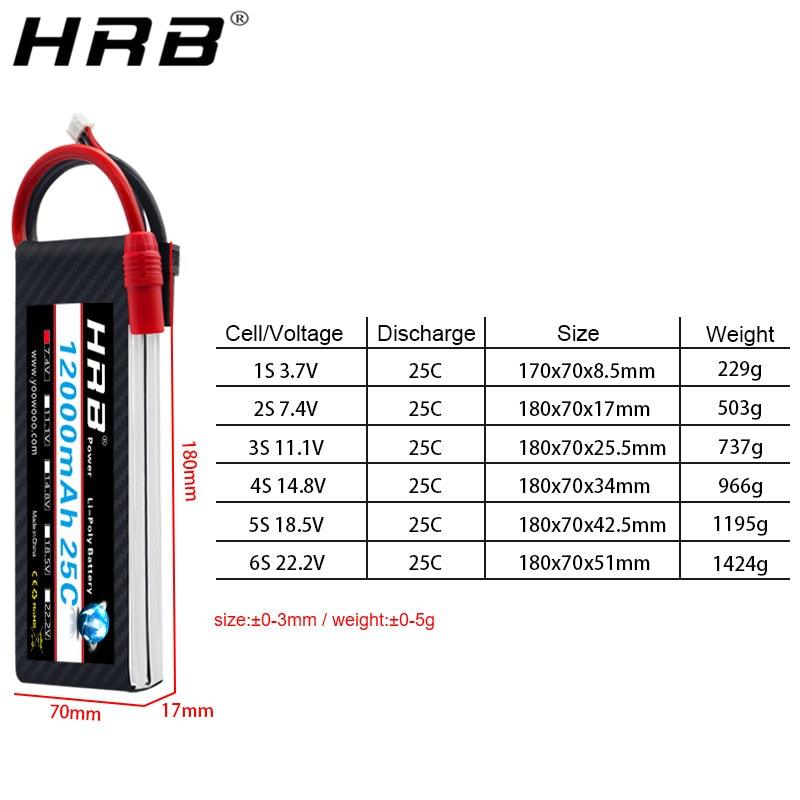 HRB Lipo Battery 12000mah 7.4V 11.1V - T Deans XT60 XT90 EC5 14.8V 18.5V 22.2V 2S 3S 4S 5S 6S 1S RC FPV Helicopter Airplane Parts — изображение 4
