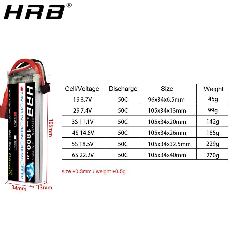 HRB 1800mah 2S 3S Lipo Battery - 7.4V 11.1V XT60 T Deans 50C 14.8V 18.5V 22.2V 4S 5S 6S RC Parts For Mjx Bugs Drone Airplanes Car — изображение 4