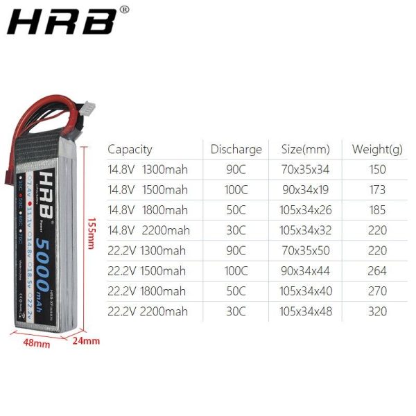 2PCS HRB Lipo Battery 4S 6S 14.8V 22.2V 1300mah 1500mah 1800mah 2200mah 90C 100C With XT60 For RC FPV Quadcopter Drone Airplane — изображение 3