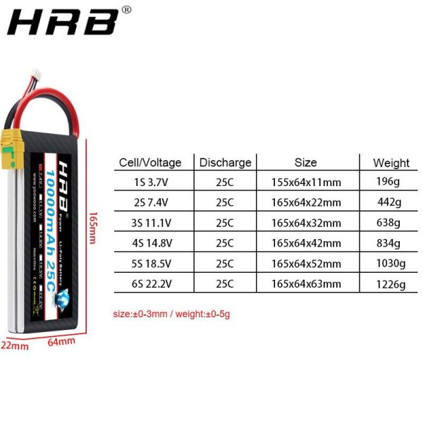 HRB 2S 3S 4S Lipo Battery - 10000mah 7.4V 11.1V 14.8V T Deans XT60 EC5 XT90 18.5V 22.2V 5S 6S 25C RC Helicopter Airplane Car Parts - Image 3