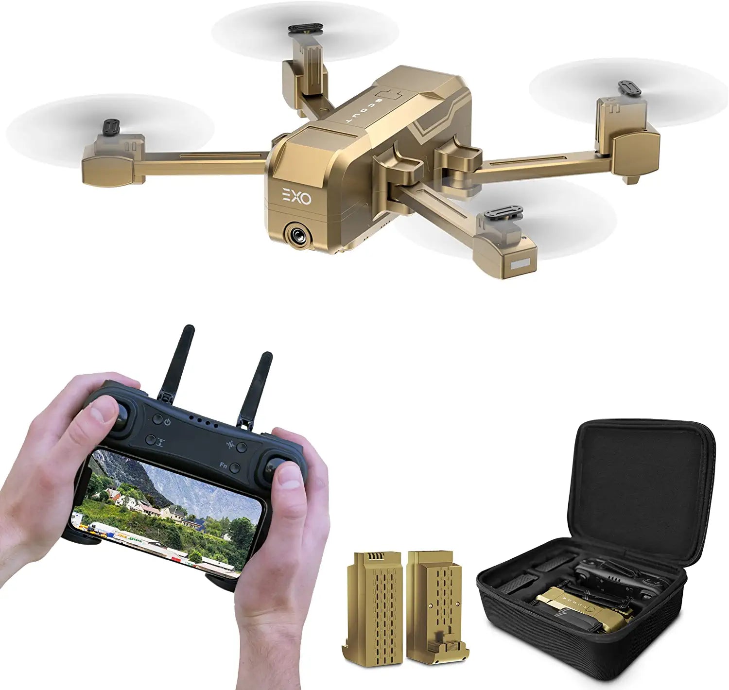 EXO Scout Drone - with Camera for Adults or Kids. Drone Kit with 2 Batteries, Free Carry Case. HD 1080p Video, 3 Speeds, Auto Take-Off/Land, Intelligent AI Modes Professional Camera Drone 1 EXO Scout Drone - with Camera for Adults or Kids. Drone Kit with 2 Batteries, Free Carry Case. HD 1080p Video, 3 Speeds, Auto Take-Off/Land, Intelligent AI Modes Professional Camera Drone