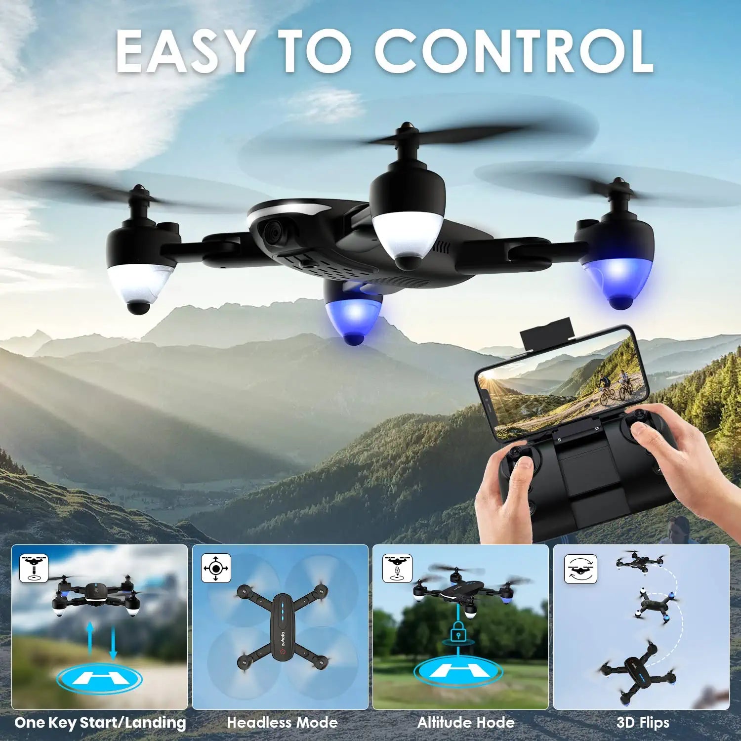 Zuhafa T4 Drone - with 1080P HD Camera for Adults and Kids,30-min Flight Time ,Gesture Control, Altitude Hold, Headless Mode, 3D Flips,RC Quadcopter with App FPV Video,2 Batteries,Carrying Case 2 Zuhafa T4 Drone - with 1080P HD Camera for Adults and Kids,30-min Flight Time ,Gesture Control, Altitude Hold, Headless Mode, 3D Flips,RC Quadcopter with App FPV Video,2 Batteries,Carrying Case - Image 2