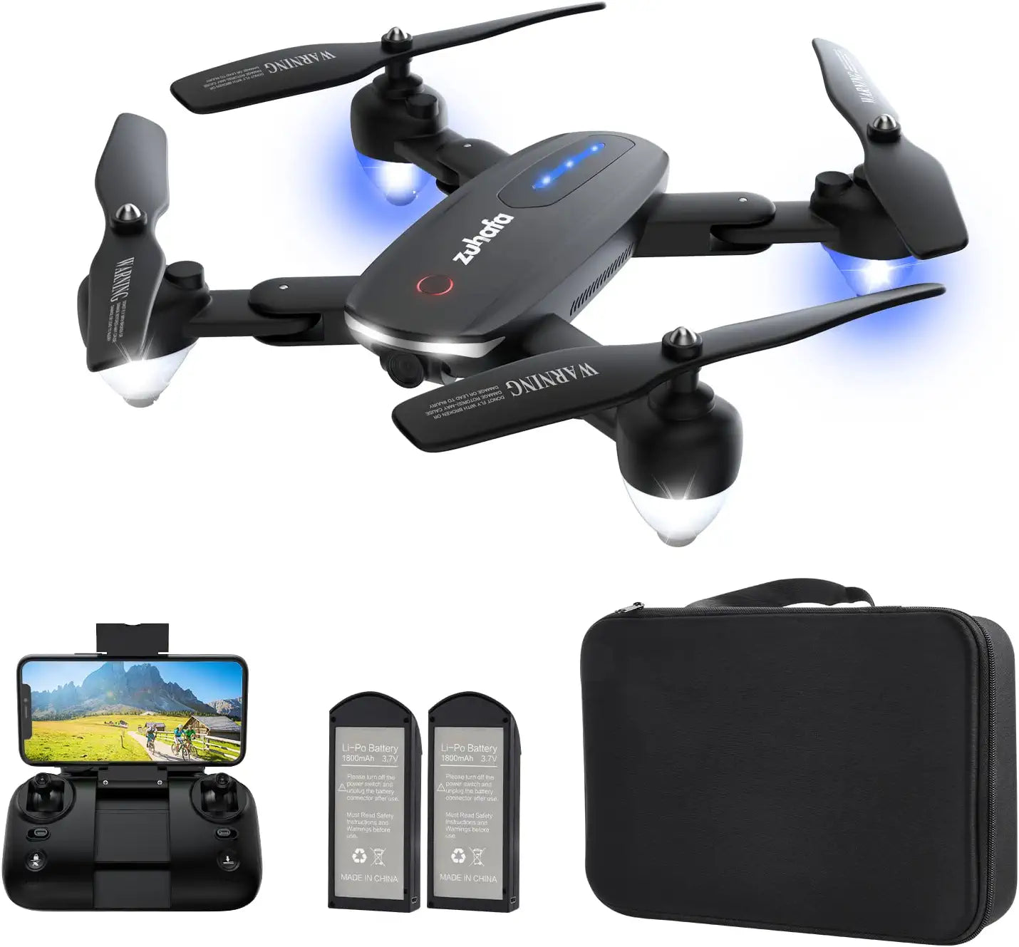 Zuhafa T4 Drone - with 1080P HD Camera for Adults and Kids,30-min Flight Time ,Gesture Control, Altitude Hold, Headless Mode, 3D Flips,RC Quadcopter with App FPV Video,2 Batteries,Carrying Case
