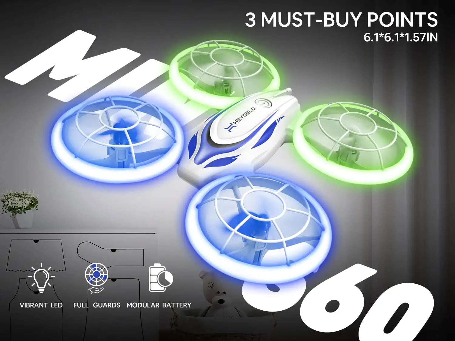 Heygelo S60 Drones for Kids - Mini Drone with LED Lights for Beginners, RC Quadcopter with Altitude Hold and Headless Mode, Full Propeller Protect, 3D Flips, 2 Batteries, Toys Gifts for Boys Girls 2 Heygelo S60 Drones for Kids - Mini Drone with LED Lights for Beginners, RC Quadcopter with Altitude Hold and Headless Mode, Full Propeller Protect, 3D Flips, 2 Batteries, Toys Gifts for Boys Girls — изображение 2