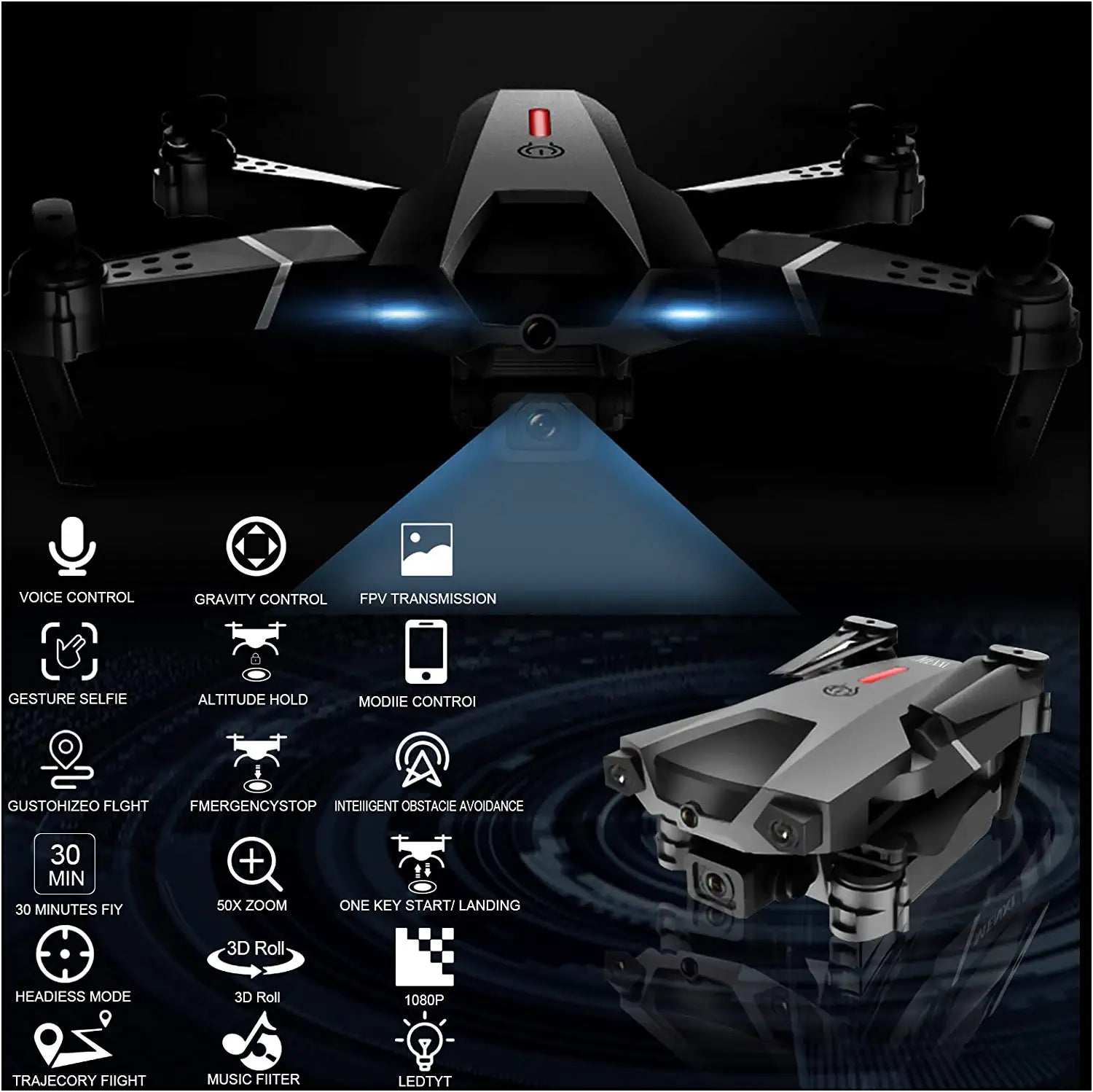 MENXI P5 Drone - with Camera for Adults Kids 1080P HD,RC Quadcopter WiFi FPV Live Video,Voice Control,Gesture Control,Altitude Hold,Headless Mode,Gravity Sensor,3 Directions of Obstacle Sensing,3D Flip 6 MENXI P5 Drone - with Camera for Adults Kids 1080P HD,RC Quadcopter WiFi FPV Live Video,Voice Control,Gesture Control,Altitude Hold,Headless Mode,Gravity Sensor,3 Directions of Obstacle Sensing,3D Flip - Image 6
