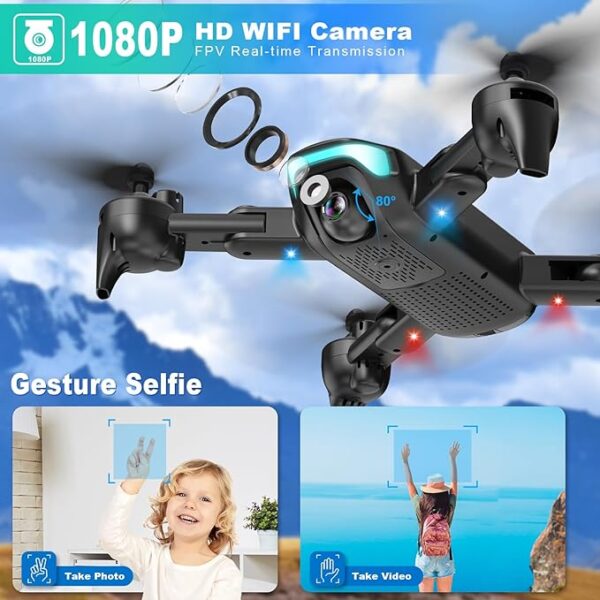 REDRIE JY02 Drone with Camera - Foldable Mini Drone for Adults and Kids with 1080P FPV Camera, Upgrade Altitude Hold, Gestures Selfie, Waypoint Fly, Headless Mode, 3D Flip, One Key Start, 3 Speed Mode, Circle Fly, 2 Batteries — изображение 6