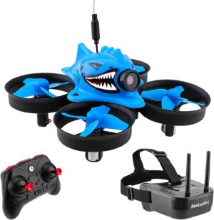 Makerfire Micro FPV Racing Drone - with FPV Goggles 5.8G 40CH 1000TVL Camera RTF Tiny Whoop Mini FPV Quadcopter for Beginners,Altitude Hold, One Key Return, Headless Mode Armor Blue Shark