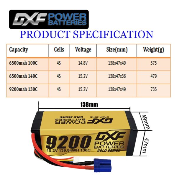 DXF 4S Lipo Battery 14.8V 15.2V 6500mAh 9200mAh - Gold Version Graphene Racing Series HardCase for RC Car BX Evader Truggy Buggy - صورة DXF 4S Lipo Battery 14.8V 15.2V 6500mAh 9200mAh - Gold Version Graphene Racing Series HardCase for RC Car BX Evader Truggy Buggy - صورة 19