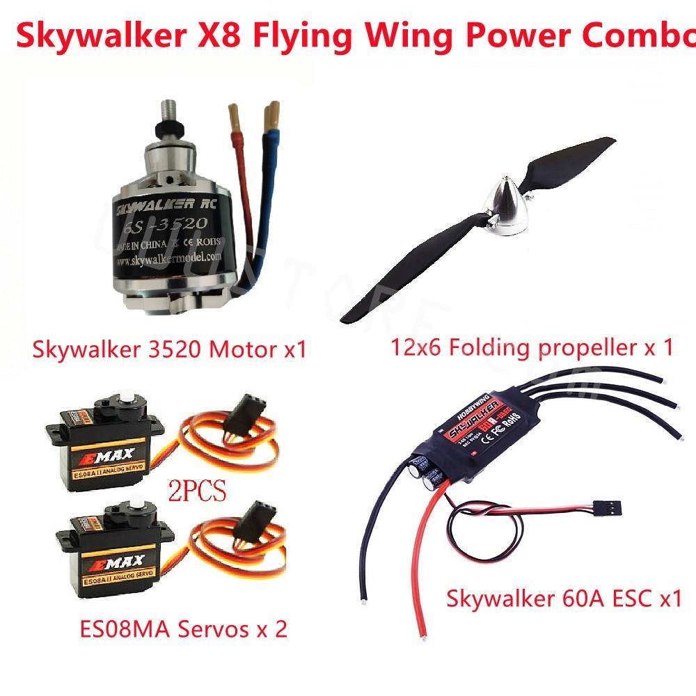 Skywalker X8 X7 Flying Wing Power Combo 12x6 Folding propeller + high performance Skywalker 3520 Motor + 60A ESC + ES08MA Servos 1 Skywalker X8 X7 Flying Wing Power Combo 12x6 Folding propeller + high performance Skywalker 3520 Motor + 60A ESC + ES08MA Servos