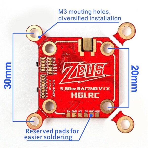 HGLRC Zeus VTX Transmitter - 5.8G 40CH PIT/25/100/200/400/800mW Smart Mounting 20*20mm/30*30mm FPV Transmitter For FPV RC Drone Quadcopter - Image 3