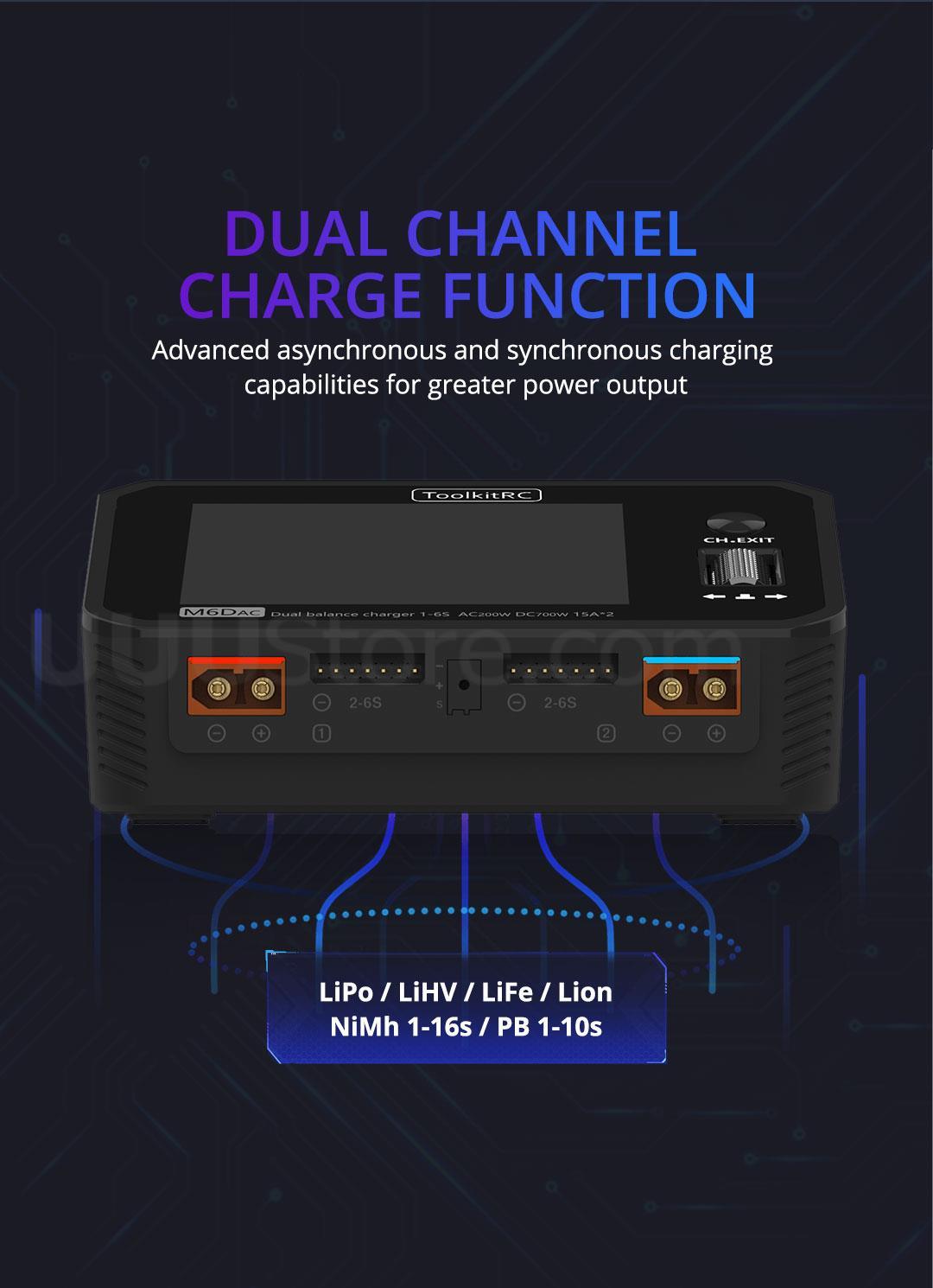 ToolkitRC M6DAC Charger - 350W x 2 USB-C 65W AC DC Dual Smart Charger Discharger Battery Balance for 1-6S Lipo LiHV Lion NiMh Pb Cell 2 ToolkitRC M6DAC Charger - 350W x 2 USB-C 65W AC DC Dual Smart Charger Discharger Battery Balance for 1-6S Lipo LiHV Lion NiMh Pb Cell - Image 2