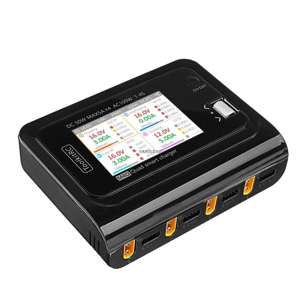 ToolkitRC M4Q Drone Charger - 4x50w 5A 1-4S AC 100W 4 Ports XT60 XT30 DC Smart Charger 32 Bit ARM IPS Bright Clear Wide Angle Display for RC FPV Drone — изображение 6