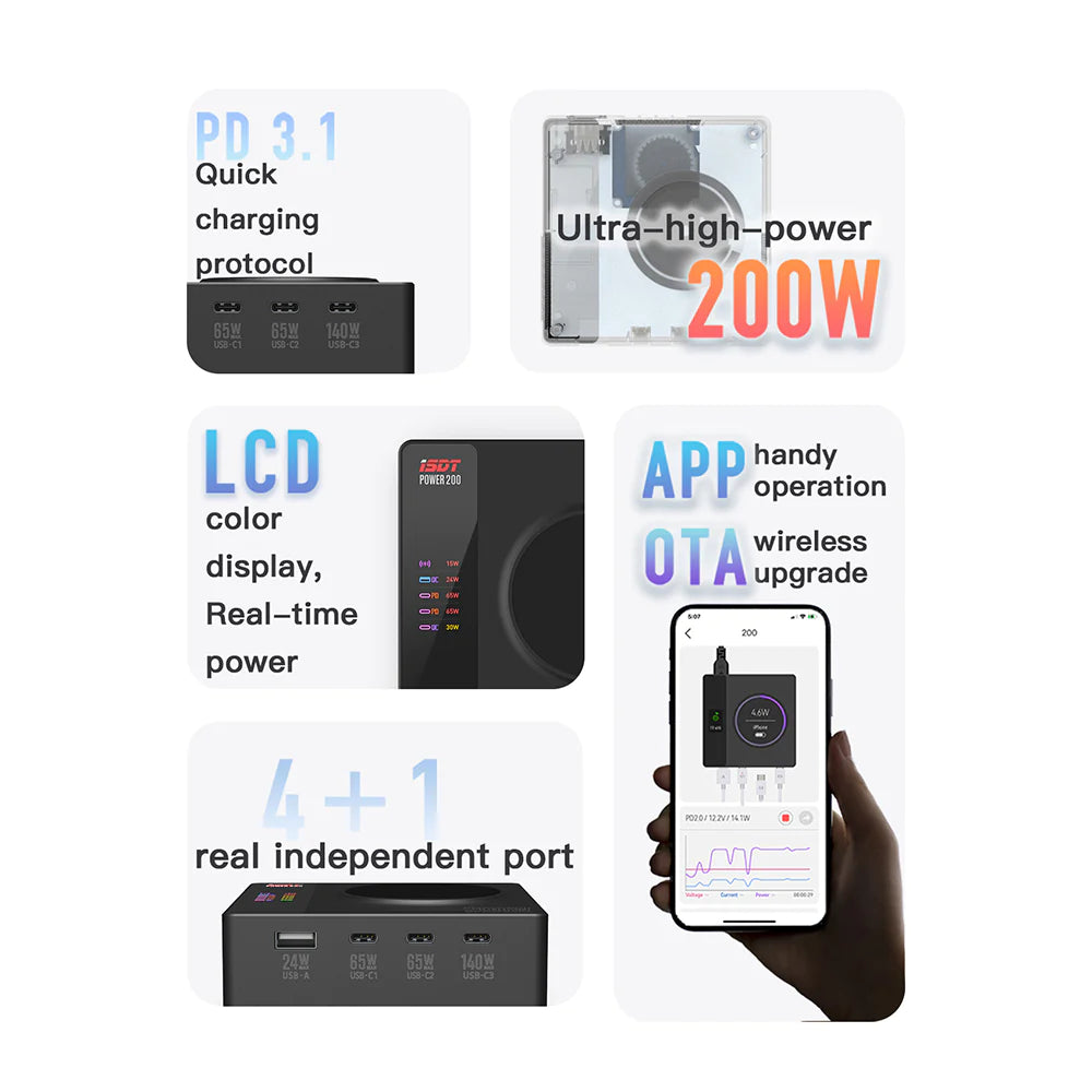 ISDT Power 200 Charger - 200W Smart Charger with 4 USB+1 Wireless Charger Ports 65W MAX Output LCD Display Multifunction Desktop Charger 6 ISDT Power 200 Charger - 200W Smart Charger with 4 USB+1 Wireless Charger Ports 65W MAX Output LCD Display Multifunction Desktop Charger - صورة ISDT Power 200 Charger - 200W Smart Charger with 4 USB+1 Wireless Charger Ports 65W MAX Output LCD Display Multifunction Desktop Charger - صورة 6