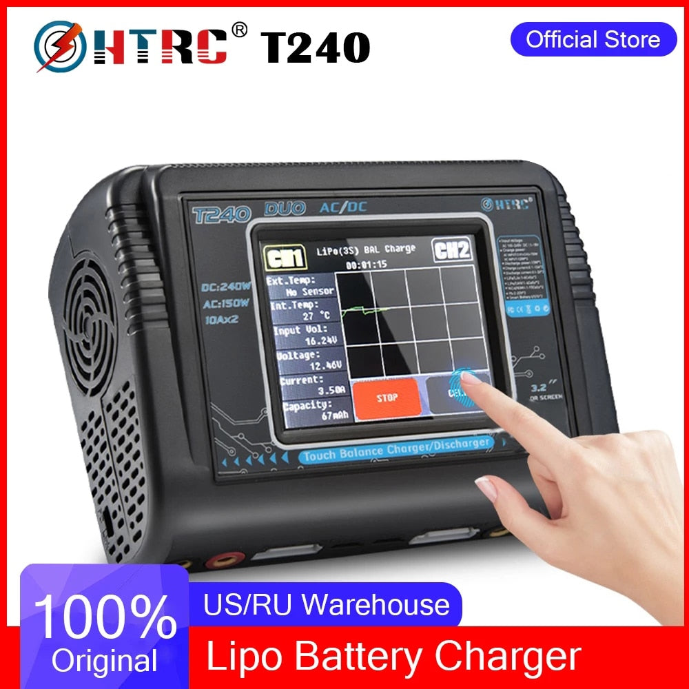 HTRC T240 Duo Lipo Charger - Battery Discharger Dual Channel AC 150W DC 240W Touch Screen RC Charger for Model Car Toy — изображение 3