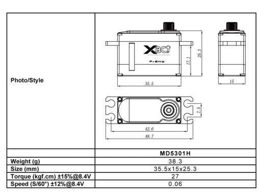 FrSky Corelss Xact 5300 Series Servos MIDI HV 8.4V Capable HV5301/MD5301H 4.8-8.4V 4.4kgf.cm - 27kgf.cm — изображение 10