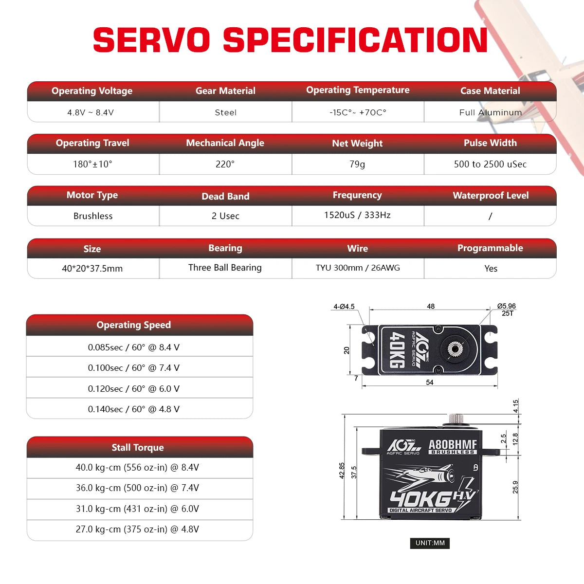AGFRC A80BHMF - 40kg Aircraft Servo Programmable Steel + Titanium Gear Digital Brushless Standard Servo For 30-200CC RC Airplane 7 AGFRC A80BHMF - 40kg Aircraft Servo Programmable Steel + Titanium Gear Digital Brushless Standard Servo For 30-200CC RC Airplane — изображение 7