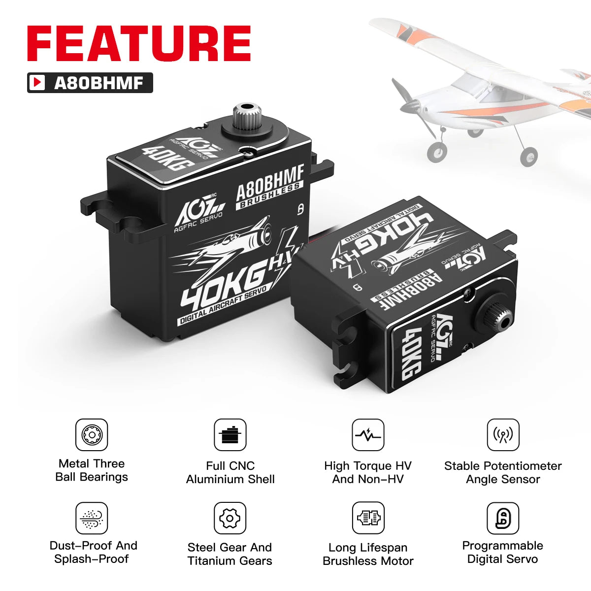 AGFRC A80BHMF - 40kg Aircraft Servo Programmable Steel + Titanium Gear Digital Brushless Standard Servo For 30-200CC RC Airplane 3 AGFRC A80BHMF - 40kg Aircraft Servo Programmable Steel + Titanium Gear Digital Brushless Standard Servo For 30-200CC RC Airplane — изображение 3