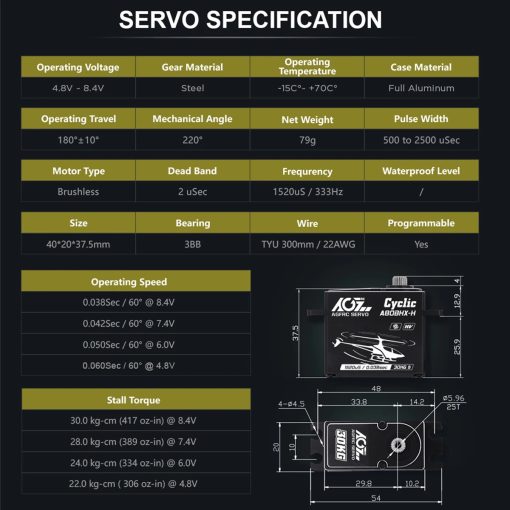 AGFRC A80BHX-H -  8.4V 30KG Programmable Helicopter Cyclic Servo  High Torque High Voltage Brushless Digital Motor For RC Helicopter - Image 6