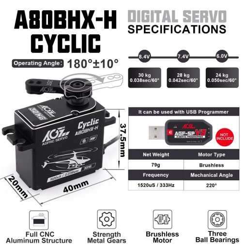 AGFRC A80BHX-H -  8.4V 30KG Programmable Helicopter Cyclic Servo  High Torque High Voltage Brushless Digital Motor For RC Helicopter - Image 5