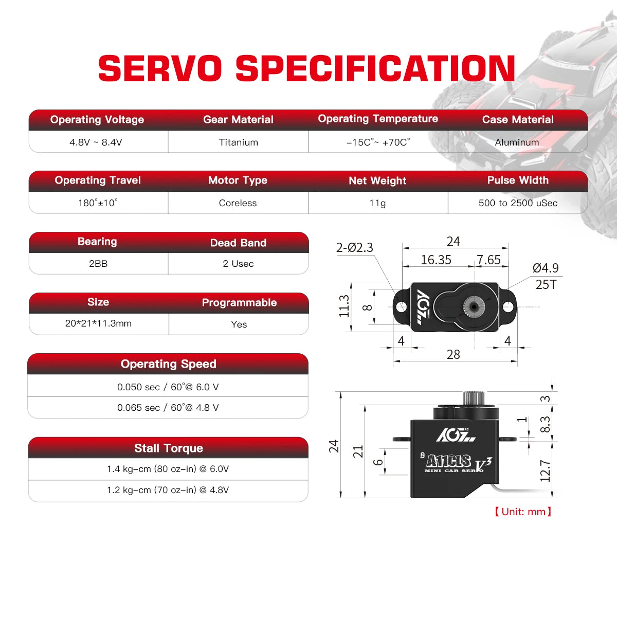 AGFRC A11CLS V3 - Micro Digital servo Super Speed 1.4KG Coreless Programmable motor Servo For 1/28 1/27 1/24 1/18 Mini Z Cars Boat 6 AGFRC A11CLS V3 - Micro Digital servo Super Speed 1.4KG Coreless Programmable motor Servo For 1/28 1/27 1/24 1/18 Mini Z Cars Boat — изображение 6