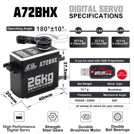 AGFRC A72BHX - 26KG High Torque Fast Speed HV Brushless Metal Gear Digital Steering Servo Motor For 1/10 RC Car Crawler Buggy - Image 7