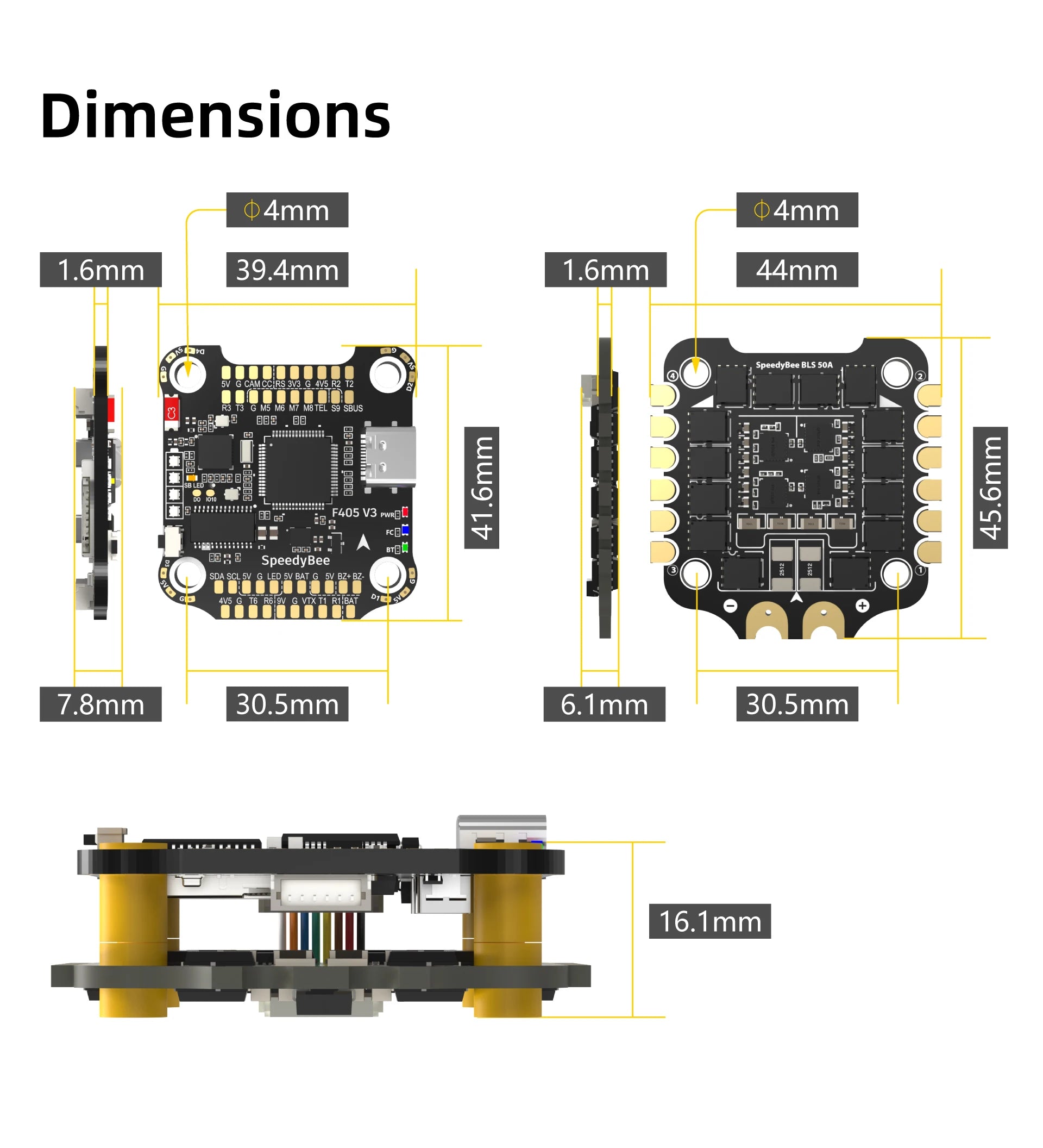 SpeedyBee F405 V3 50A Stack, 9V Output 2 groups of 9V output, one +9V pad on front side
