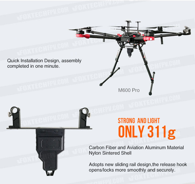 RDD-M 10KG Payload Release and Drop, Lightweight, strong device with 1-minute installation featuring carbon fiber and aluminum.