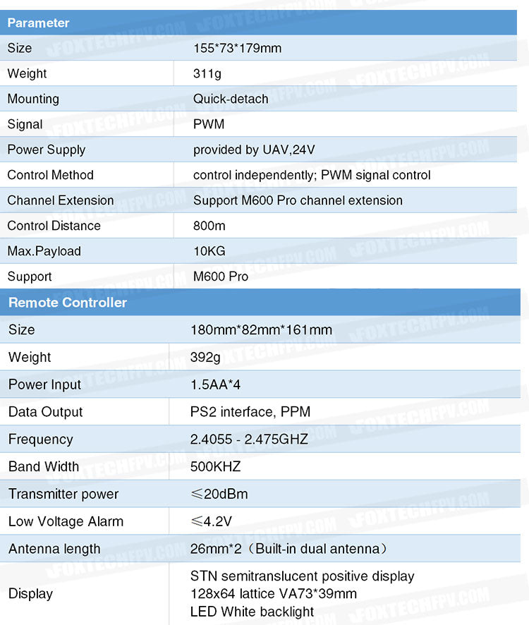 RDD-M 10KG Payload Release and Drop, Payload release device for UAVs with 10kg capacity, 800m control distance, and remote controller specs.