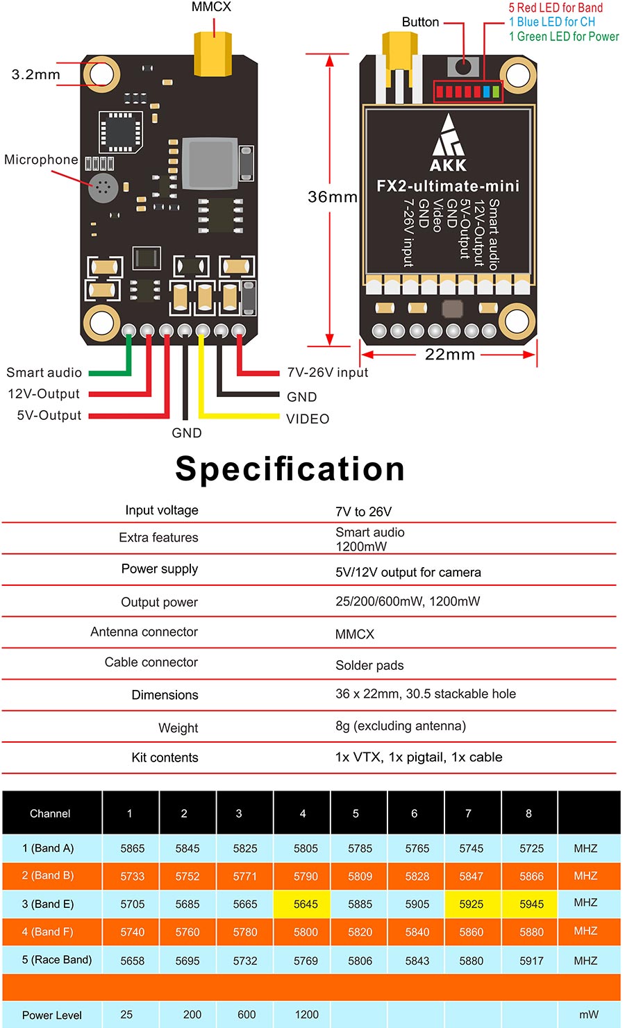 AKK FX2-ultimate-mini VTX - 5.8 جيجا هرتز 8 قنوات 10 كيلومتر 25 ميجاوات/200 ميجاوات/600 ميجاوات/1000 ميجاوات/1200 ميجاوات FPV يدعم الصوت الذكي 9 AKK FX2-ultimate-mini VTX, AKK FX2-ultimate-mini 36mm 4838269 1 8 L