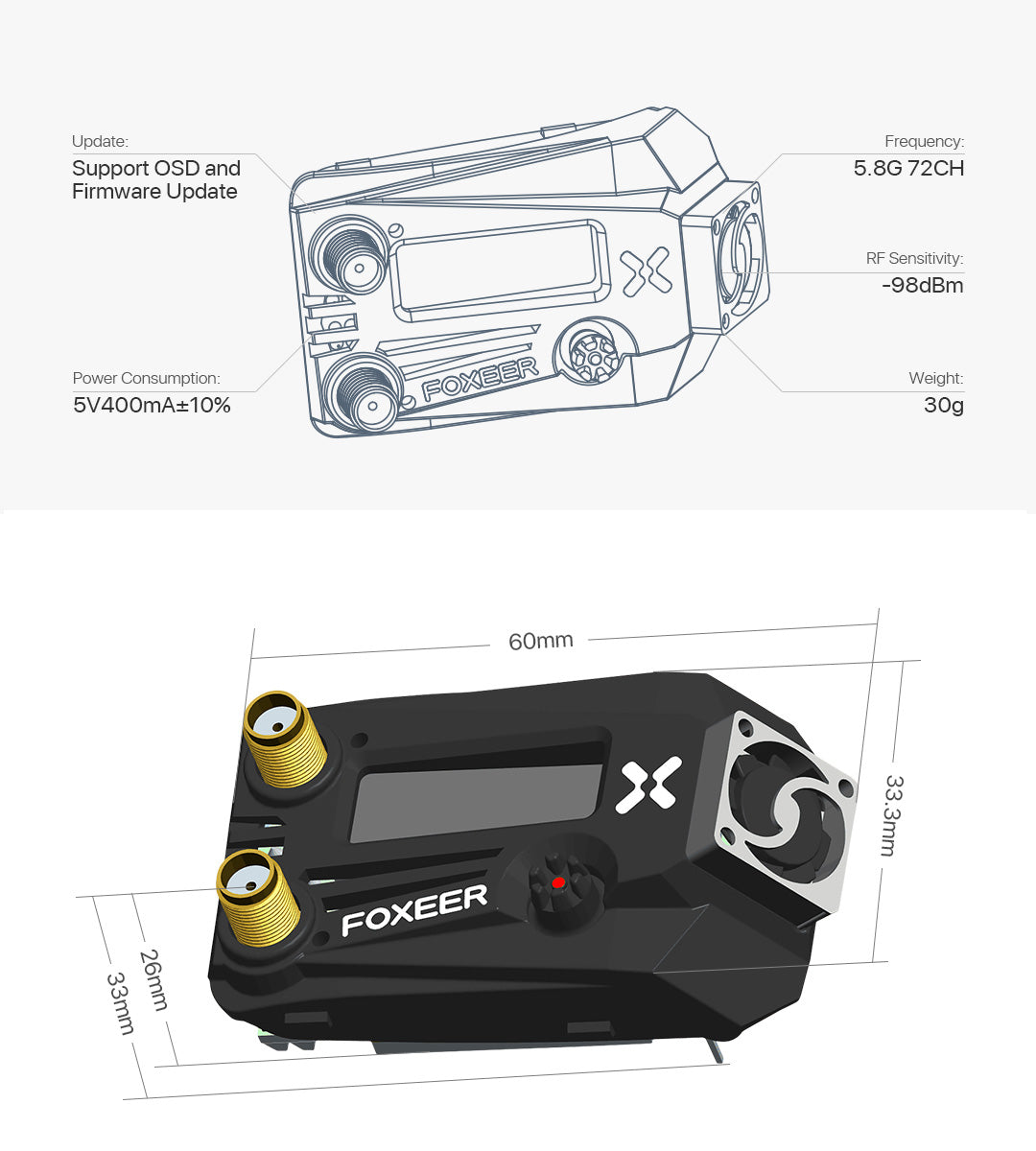 Foxeer Wildfire 5.8GHz 72CH Dual Receiver, Support OSD and 5.86 72CH Firmware Update RF Sensitivity: 