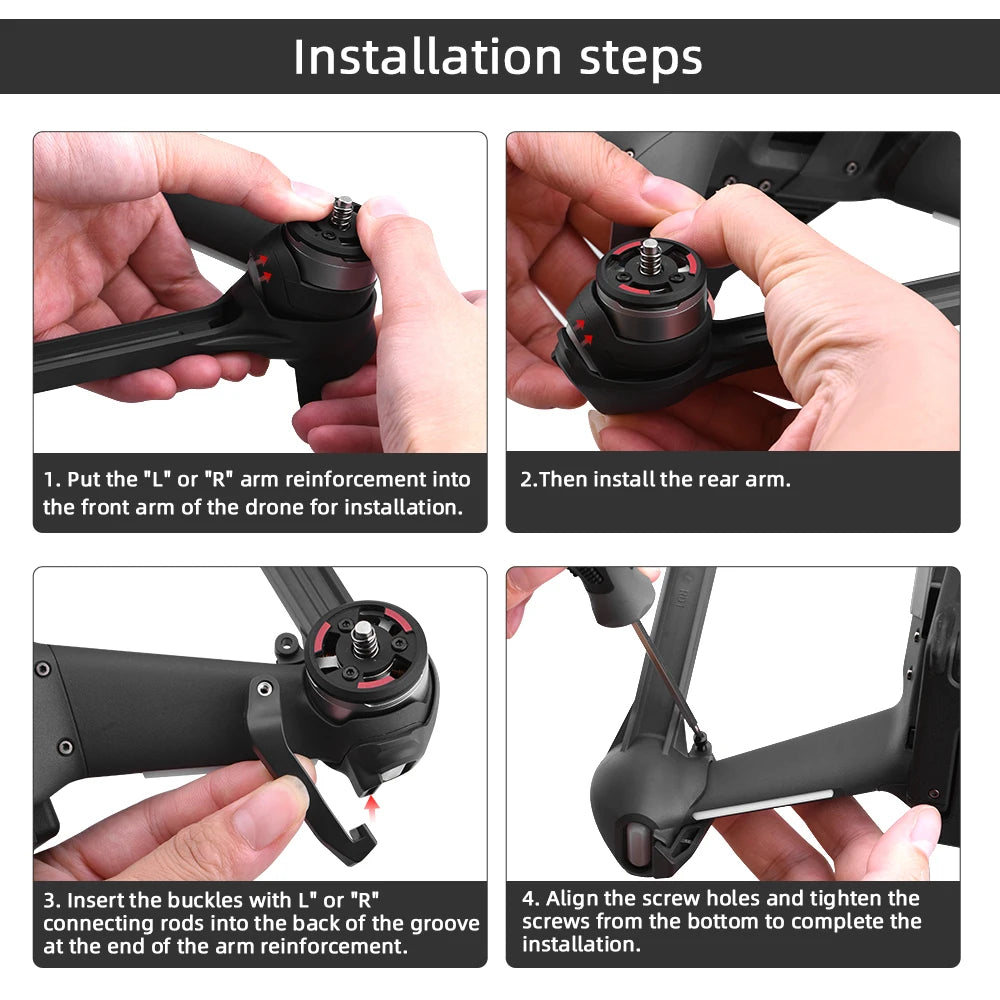 the front arm of the drone for installation: 3. Insert the buckles with "L" or
