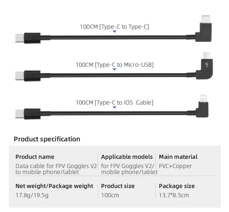 1m Data Cable for DJI FPV Goggles V2, 1OOCM [Type-C to Type-C] 1OOcm 13.7*