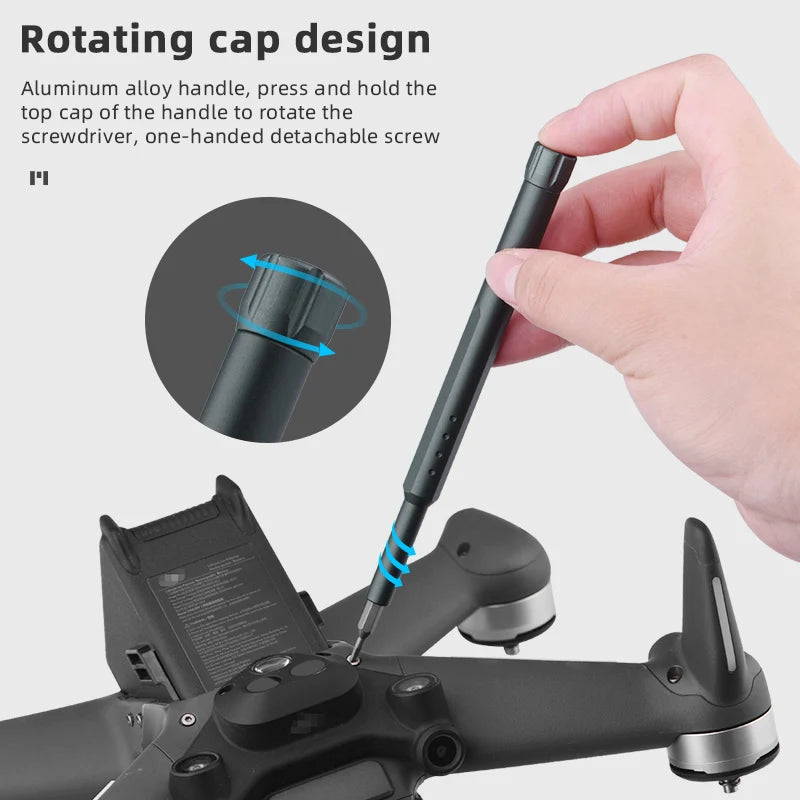 Screwdriver Repair Tool Kit for DJI FPV/AVATA/MINI 3 PRO/Air 2/2S Mavic 2/Pro/Mini 1 2 Drone Repair Craft Glasses Hex Tools Set 10 Screwdriver Repair Tool, Rotating cap design Aluminum alloy handle, press and hold the top cap of the handle to rotate