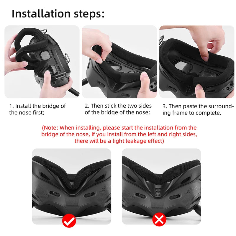 Verstellbares Kopfband für DJI FPV-Brille V2, Gesichtsplatte, Augenpolster, Ersatz für DJI FPV-Combo-Brille, Zubehör, hautfreundlich 12 install the bridge of 2. Then stick the two sides 3. Then paste the surround- the