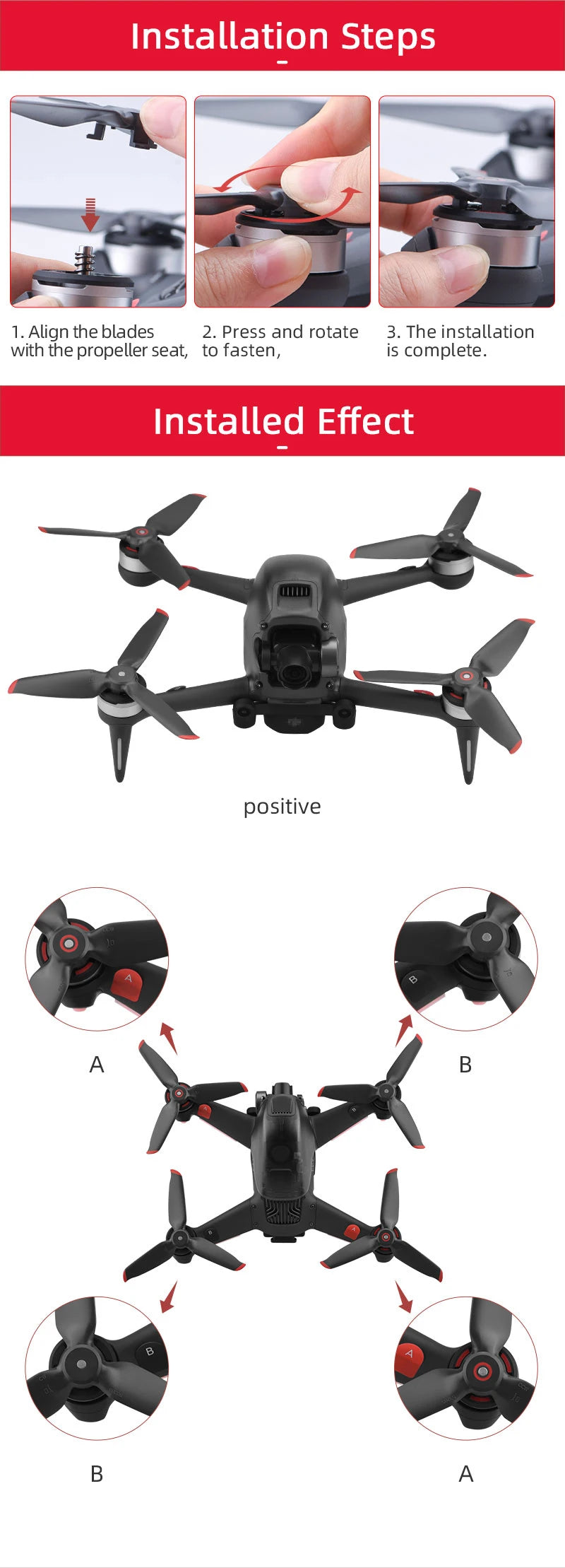 Schnellspanner 5328S Propeller für DJI FPV Combo – Requisiten, Paddelblatt, Ersatzflügel, Lüfter, Ersatzteil für DJI FPV-Drohnenzubehör 26 Quick Release 5328S Propellers for DJI FPV Combo, Installation Steps 1. Align the blades 2 Press and rotate 3. The installation with the propel