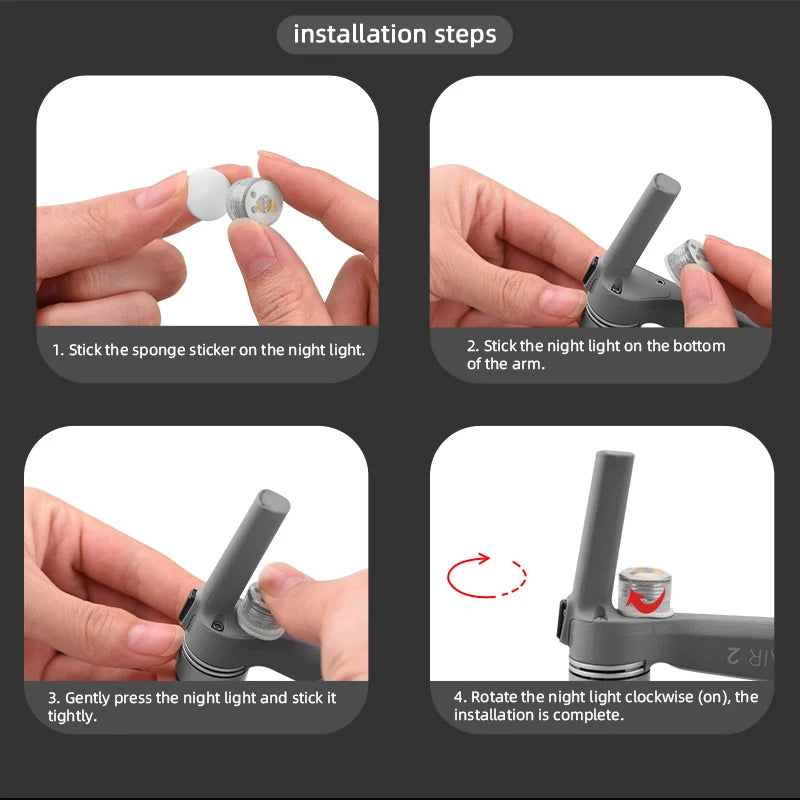 Night Flight LED Strobe Light for DJI AVATA/Mavic 3/Air 2 2S Mini 2/MINI 3 PRO/2 Pro Zoom/FPV COMBO/Phantom Drone Accessories 24 Night Flight LED, installation steps Stick the sponge sticker on the night light: 2. Stick the nightlight on the bottom
