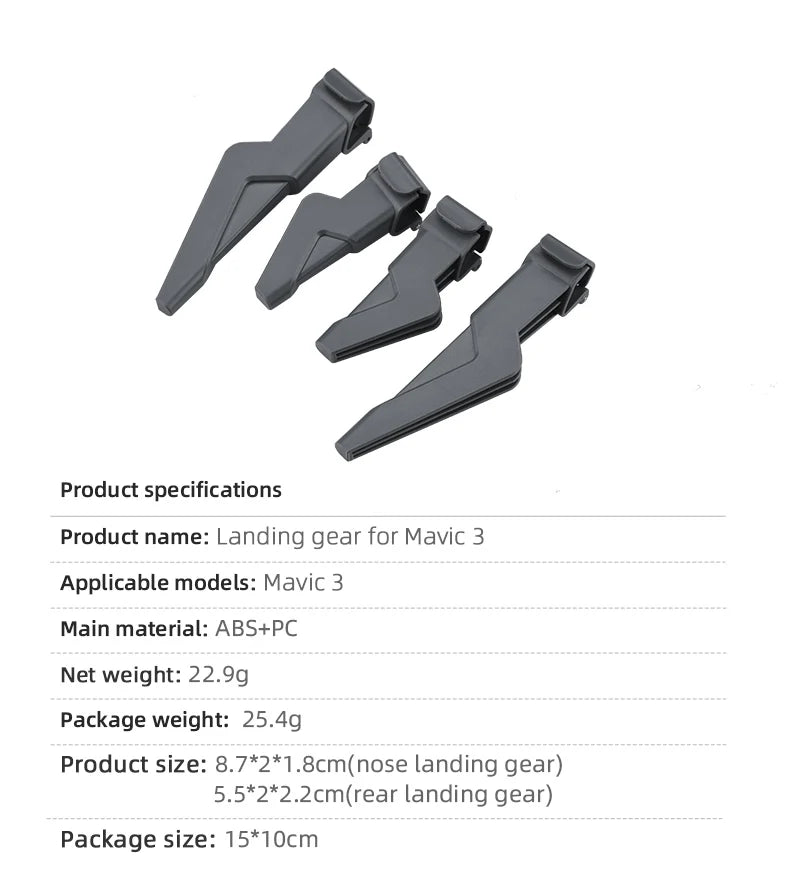 Schnellspanner-Fahrwerk für DJI Mavic 3/3 Classic Drone Height Extender Beinunterstützung Langer Fuß für DJI Mavic 3 Drone-Zubehör 9 Quick Release Landing Gear, Specifications Product name: Landing gear for Mavic 3 Applicable models: Mavic