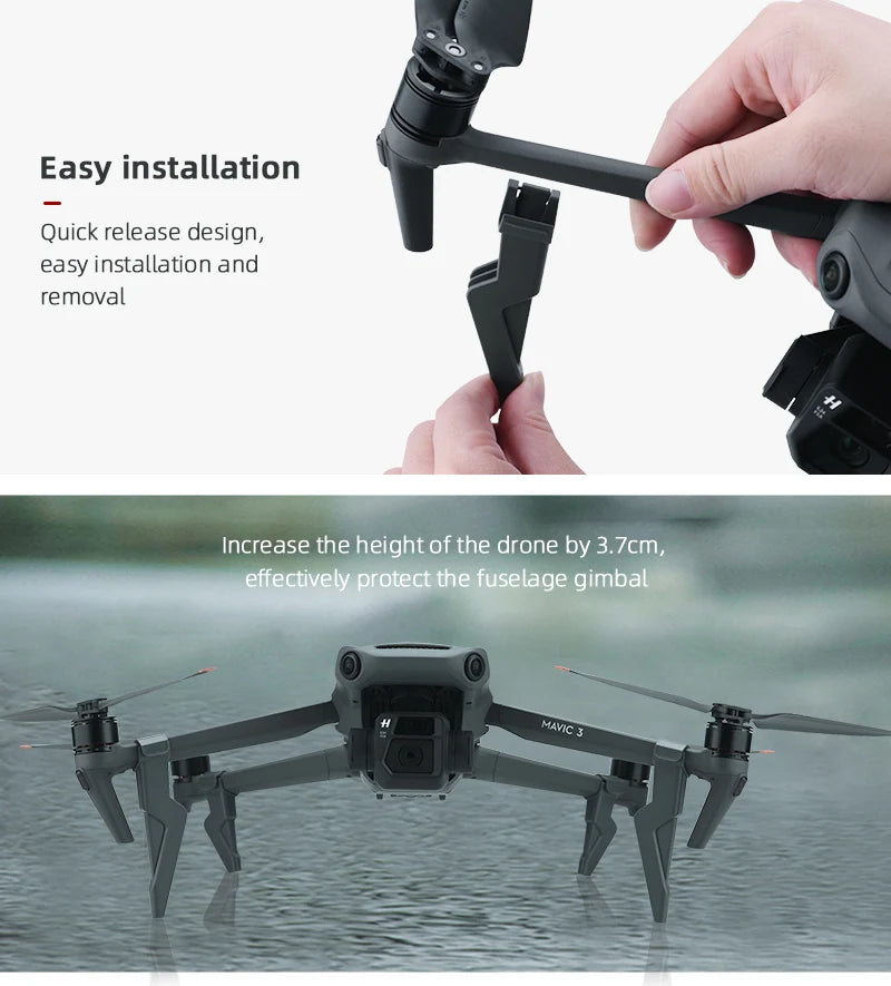 Schnellspanner-Fahrwerk für DJI Mavic 3/3 Classic Drone Height Extender Beinunterstützung Langer Fuß für DJI Mavic 3 Drone-Zubehör 12 Quick Release Landing Gear, Easy installation Quick release design, easy installation and removal Increase the heightof the drone by 3.7