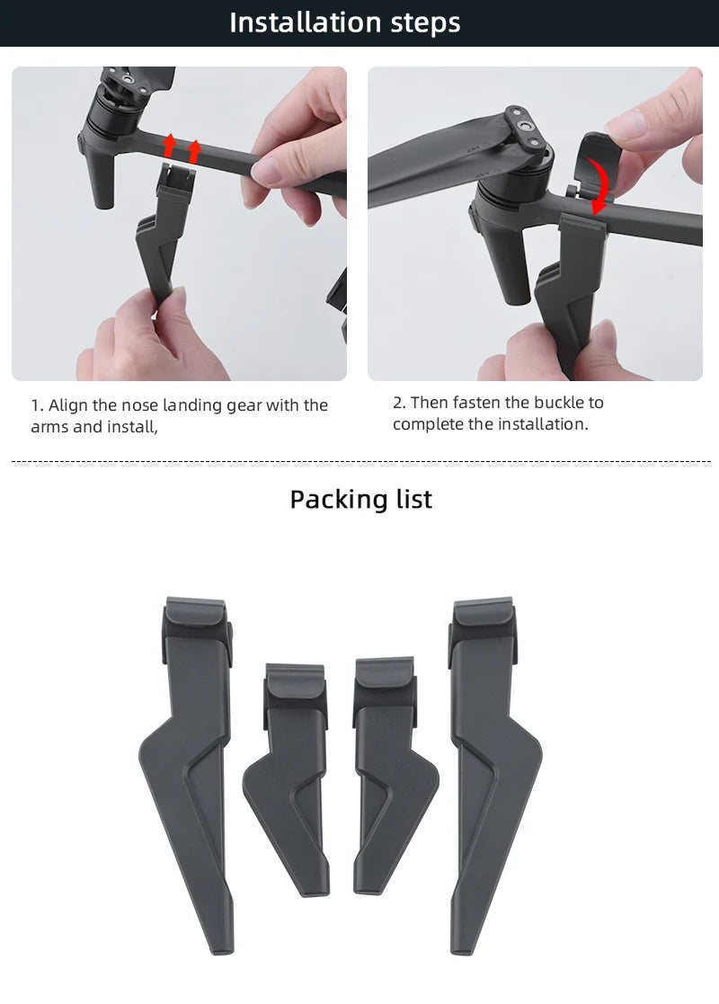 Schnellspanner-Fahrwerk für DJI Mavic 3/3 Classic Drone Height Extender Beinunterstützung Langer Fuß für DJI Mavic 3 Drone-Zubehör 13 Quick Release Landing Gear, installation steps 1. Align the nose landing gear with the 2. Then fasten the buckle to
