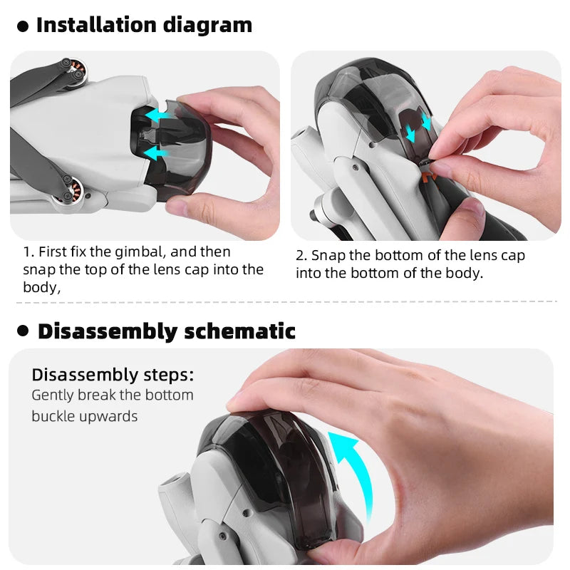 Lens Cap Cover for DJI Mini 3 Drone, first fix the gimbal, then snap the bottom of the lens cap into the bottom