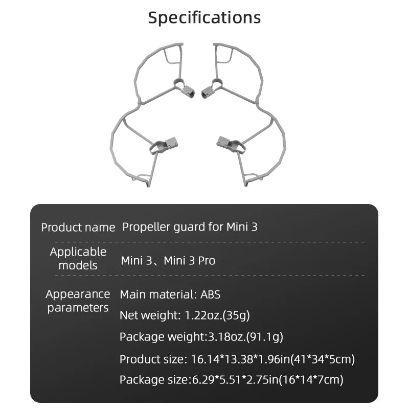 Drone Propeller Guard for DJI Mini 3 /MINI 3 Pro, Drone Propeller, Specifications Product name Propeller guard for Mini 3 Applicable models Mini 3 , Mini