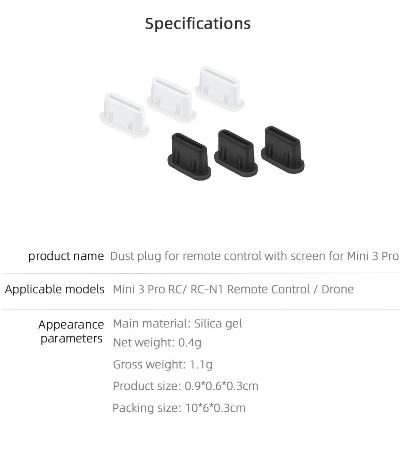 Type-C Dust Plug for DJI Mini 3 Pro, Specifications product name Dust plug for remote control with screen for Mini 3 Pro Applicable models