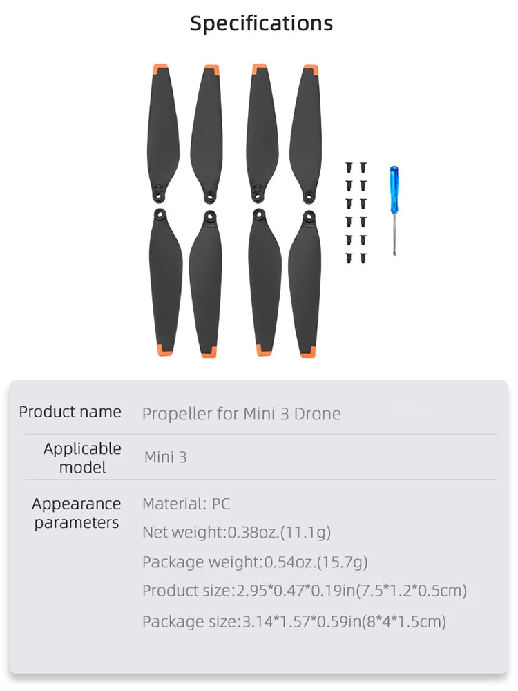 Propeller für DJI Mini 3 Drohne – Blattpropeller-Ersatz mit Schraube, leichte Flügelventilatoren, Requisiten für Mini 3 6030F, Zubehör 16 Propeller For DJI Mini 3 Drone, Specifications Product name Propeller for Mini 3 Drone Applicable Mini 3 model Appear