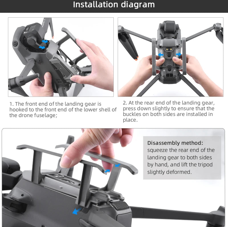 Fahrwerk für DJI Mavic 3 – Schnellspanner-Fußbeinverlängerung, langer Beinschutzständer für DJI Mavic 3/3 Cine-Drohnenzubehör 12 Landing Gear for DJI Mavic 3, the landing gear is hooked to the front end of the lower shell of press down slightly to ensure