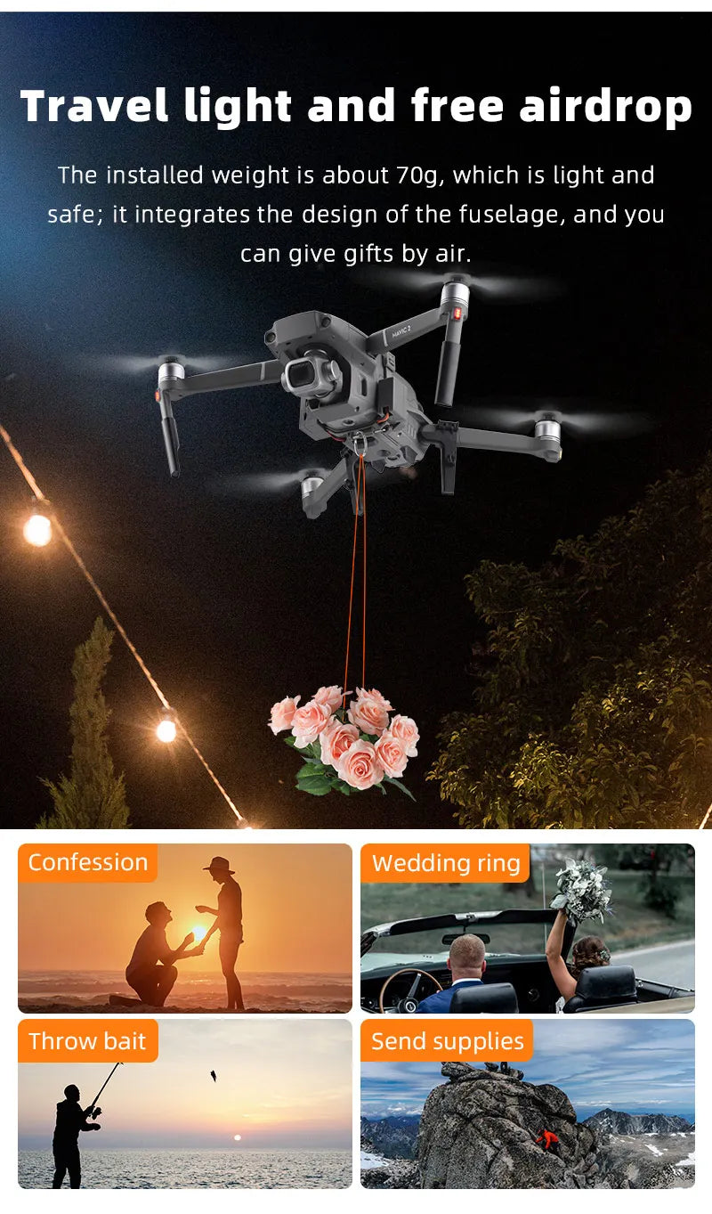 Airdrop-System für DJI Mavic 3/3 Classic/2/AIR 2/2S Drohnenwerfer, Angelköder, Ehering, Geschenk, Lieferung von Lebensrettungssets 23 travel light and free airdrop The installed weight is about 70g, which is light and safe