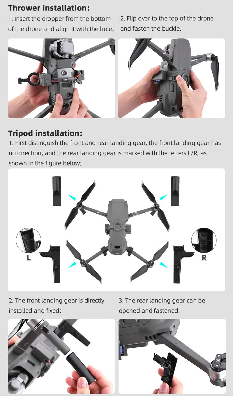 Airdrop-System für DJI Mavic 3/3 Classic/2/AIR 2/2S Drohnenwerfer, Angelköder, Ehering, Geschenk, Lieferung von Lebensrettungssets 27 the front landing gear has no direction, and the rear landing gear is marked with the letters L