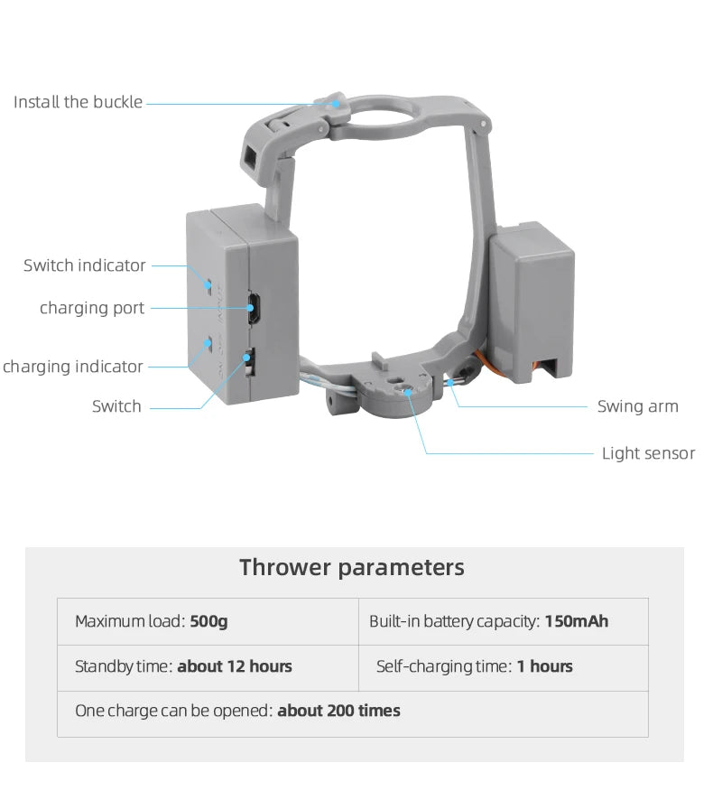 Airdrop-System für DJI Mavic 3/3 Classic/2/AIR 2/2S Drohnenwerfer, Angelköder, Ehering, Geschenk, Lieferung von Lebensrettungssets 34 the buckle Switch indicator charging port charging indicator Switch Swing arm Light sensor Thrower parameters Maximum load